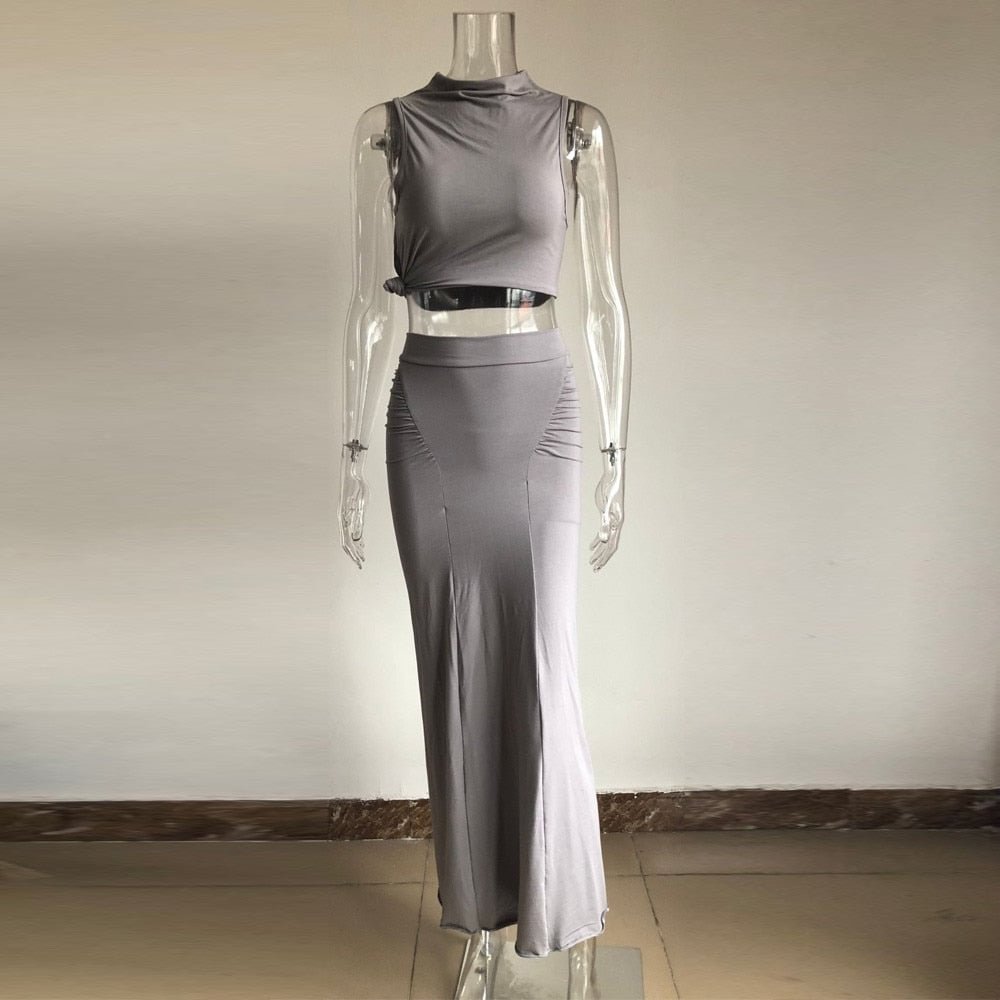 KGFIGU New Arrival White Two Piece Set Women Sexy Party Tank Tops Slim Ruched Skirt Elegant Bodycon Suit Dress Matching Outfits