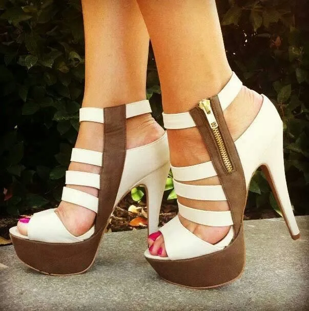 White and Brown Platform Heels Open Toe Chunky Heel Sandals Full Size |FSJ Shoes