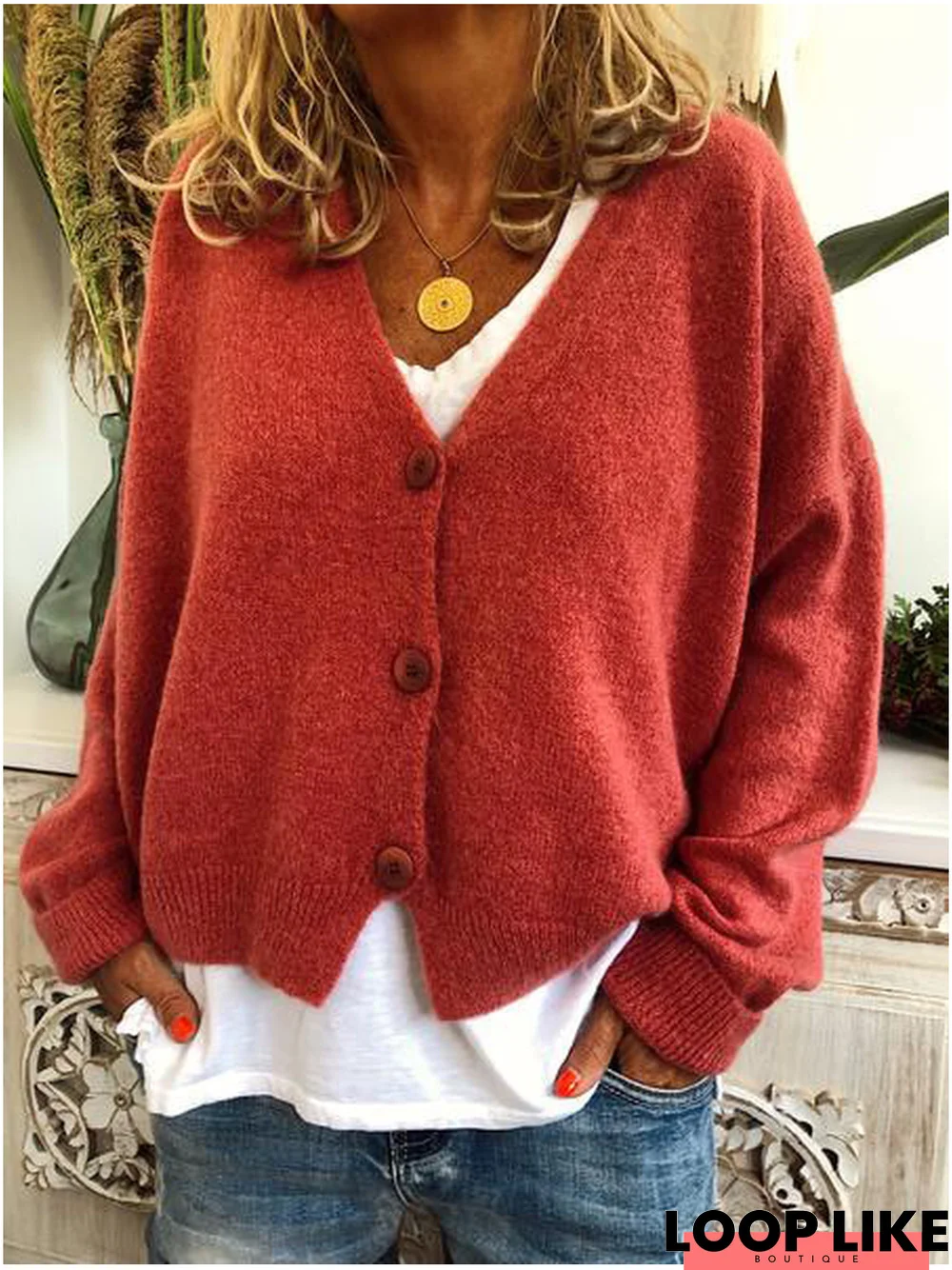 Fashion Long Sleeve Solid Wool Blend V Neck Sweaters