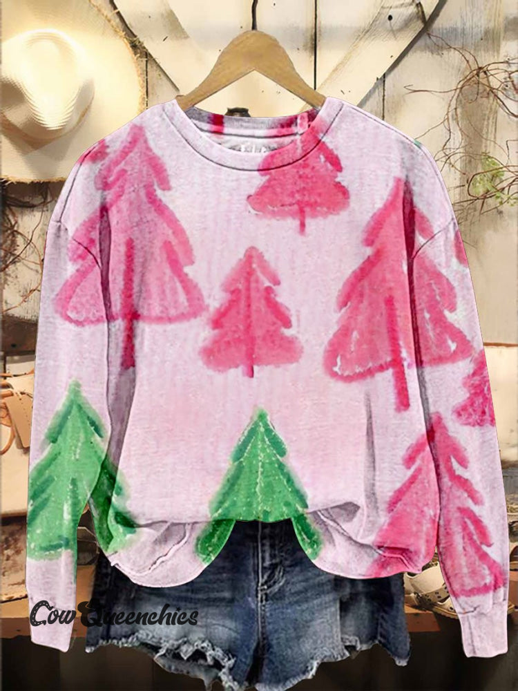 Pink Christmas Tree Pattern Art Casual Print Sweatshirt Multicolor / S