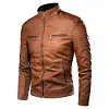 Men's Slim Fit PU Leather Biker Jacket Stand Collar Windproof Outerwear Coat by Inlyline
