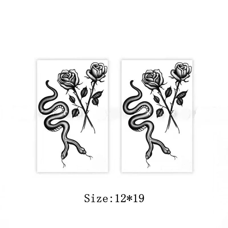 Dark Double Headed Snake Rose Tattoo Stickers Men Women Waterproof Back Clavicle Black Gray Cool Body Art Temporary Fake Tattoos