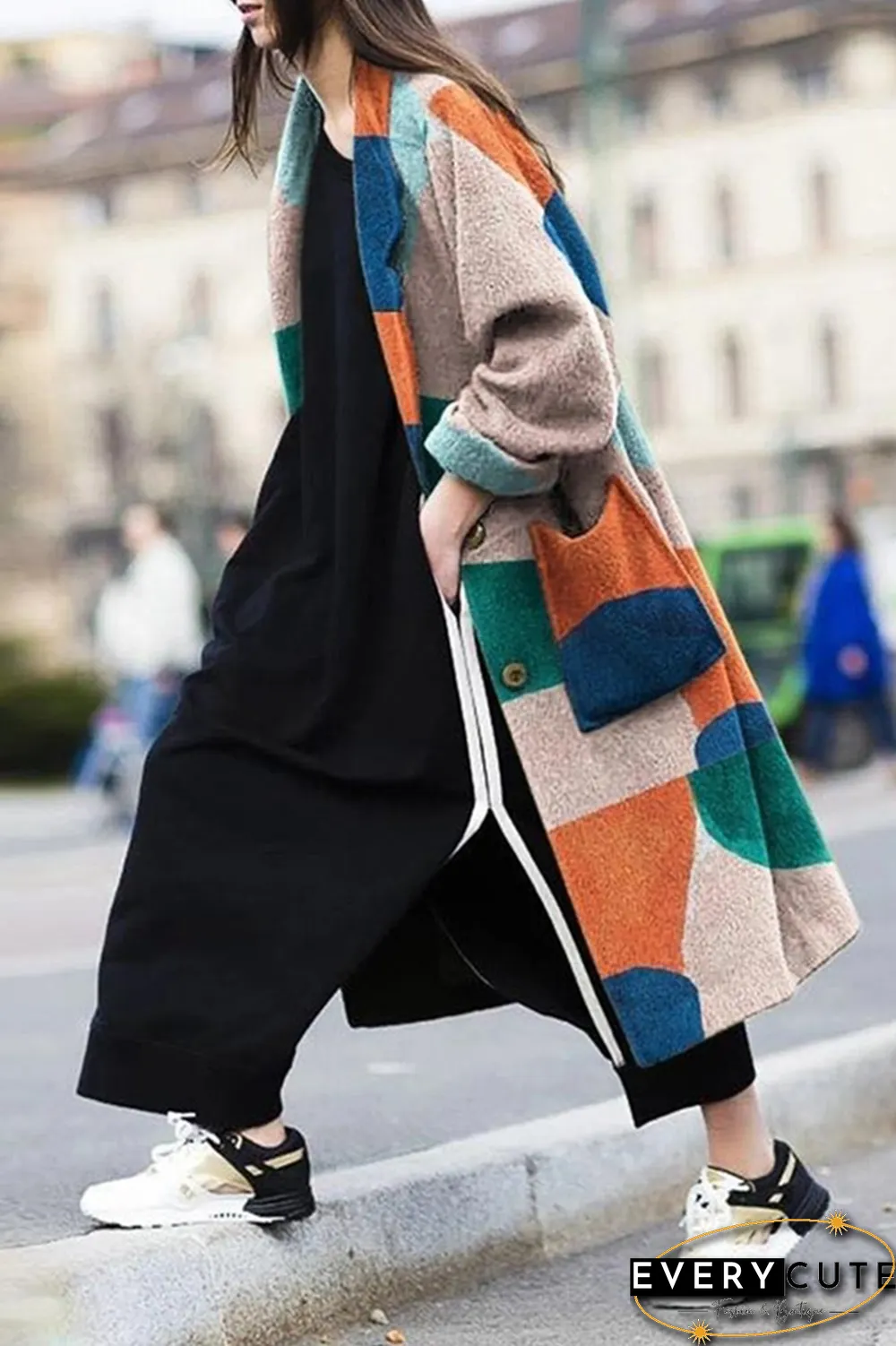 Fashion Street Patchwork Pocket Buckle Turndown Collar Outerwear（3 Colors）