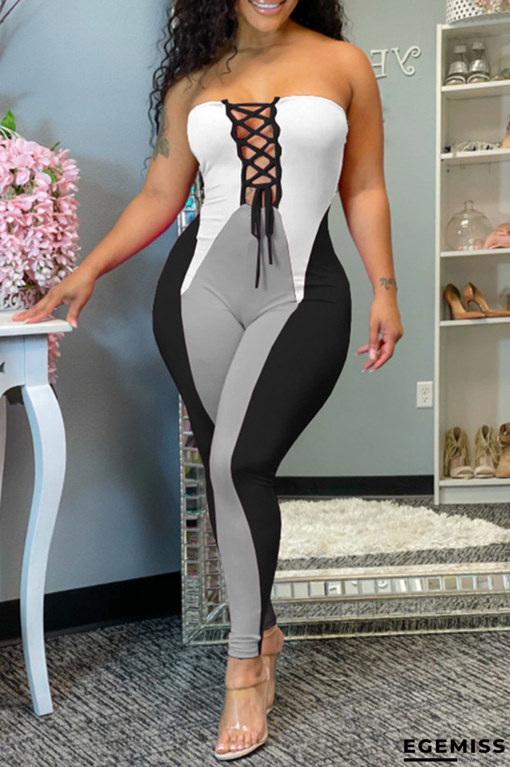 Black Fashion Sexy Patchwork Backless Strapless Skinny Jumpsuits | EGEMISS