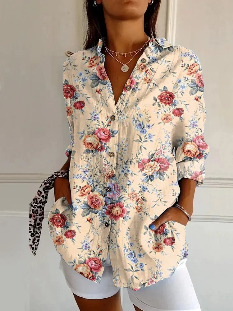 Vintage Floral Art Print Casual Long Sleeve Shirt