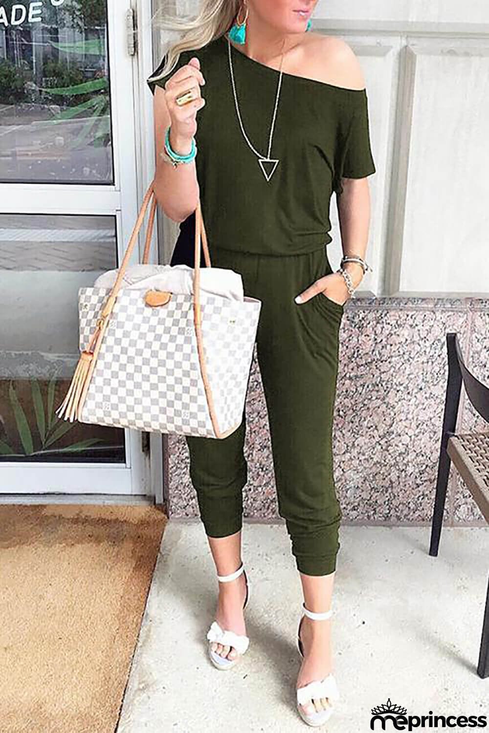 Women's Loose Fit Off Shoulder Jumpsuit Rompers with Pockets