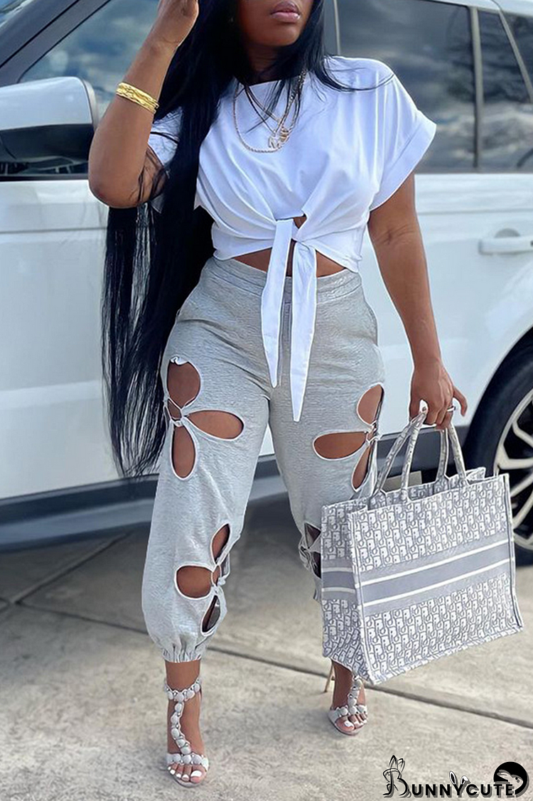 Grey Casual Solid Hollowed Out O Neck Short Sleeve Two Pieces