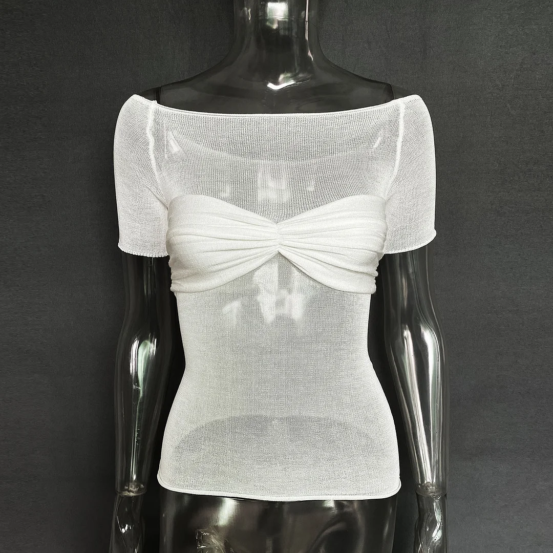 Uveng Spring And Summer Explosion Women's Dress A Word Collar Perspective Short-Sleeved T-Shirt Top