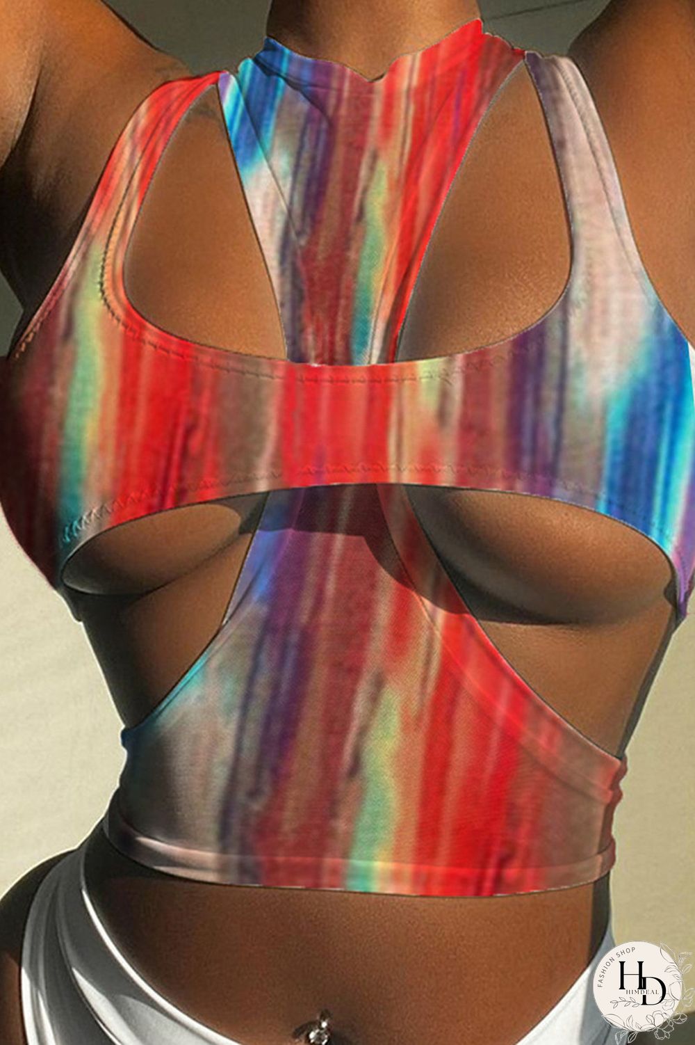 Coffee Fashion Sexy Print Hollowed Out O Neck Tops Two-piece Set