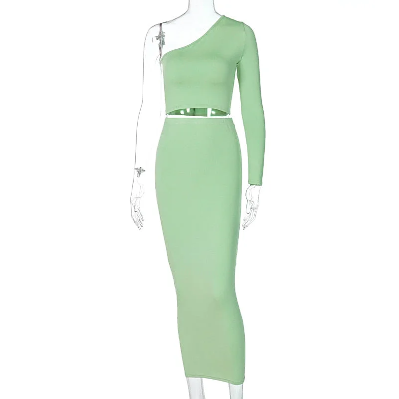 Dulzura Women Two Piece Set Crop Top Long Sleeve One Shoulder Elegant Midi Skirt Bodycon Sexy Streetwear Autumn Winter Matching