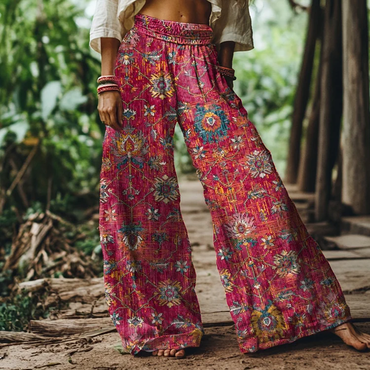 Vintage Ethnic Floral Print Loose Wide-leg Pants