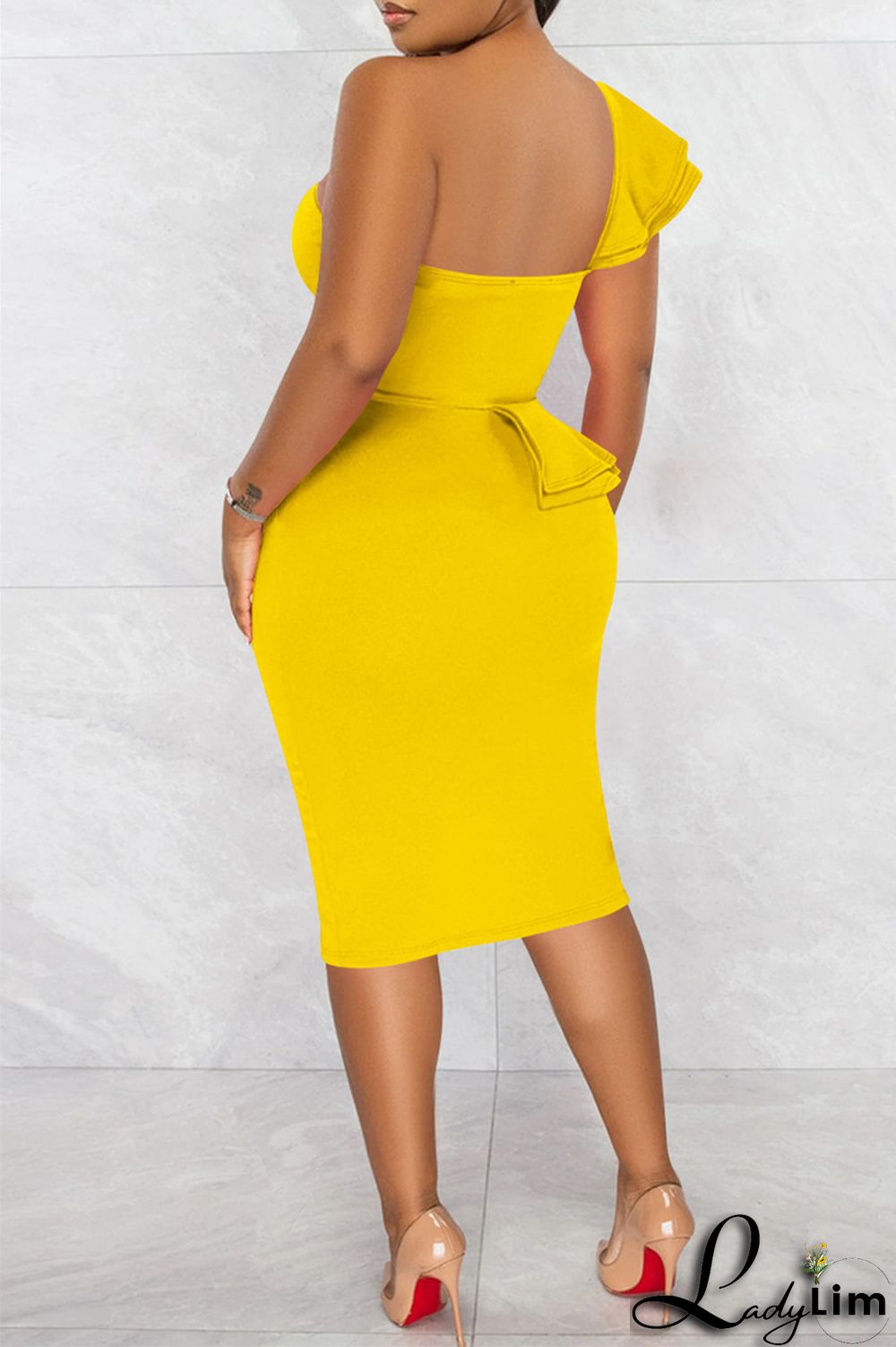 Orange Fashion Sexy Solid Patchwork Backless Slit One Shoulder Sleeveless Dress