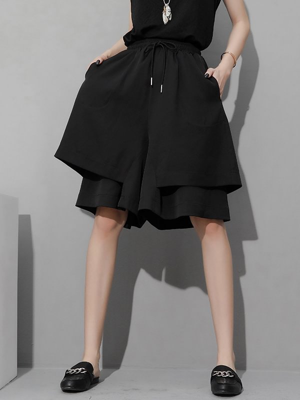 Casual Black Tiered Elasticity Wide Leg Shorts