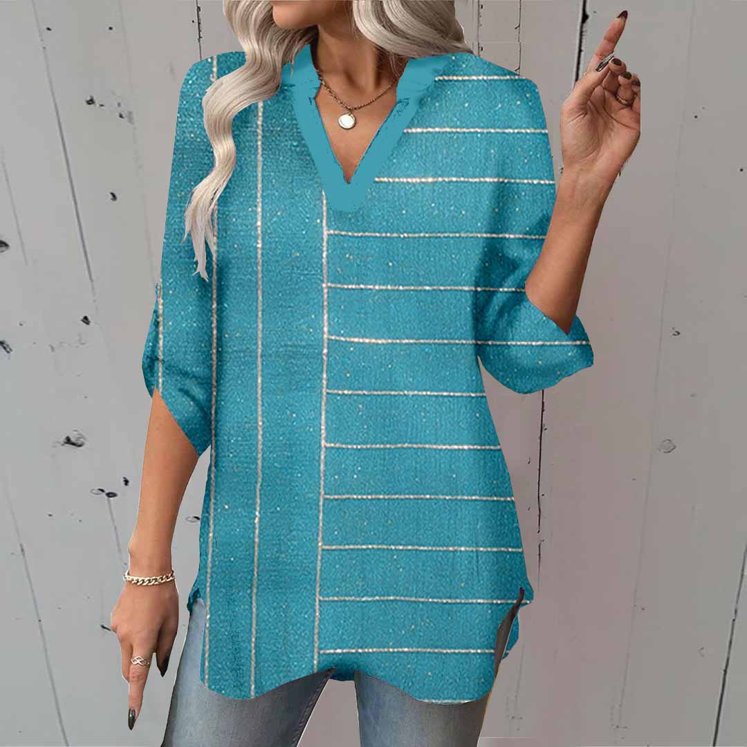Women Glitter,Striped,Blue DZGA0001 3/4 Sleeve V-neck Printed Graphic Button Tops