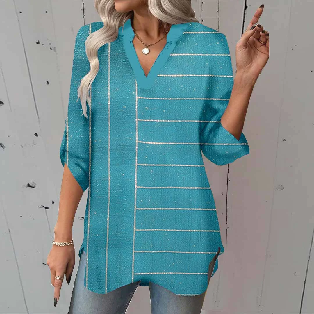 Women Glitter,Striped,Blue DZGA0001 3/4 Sleeve V-neck Printed Graphic Button Tops