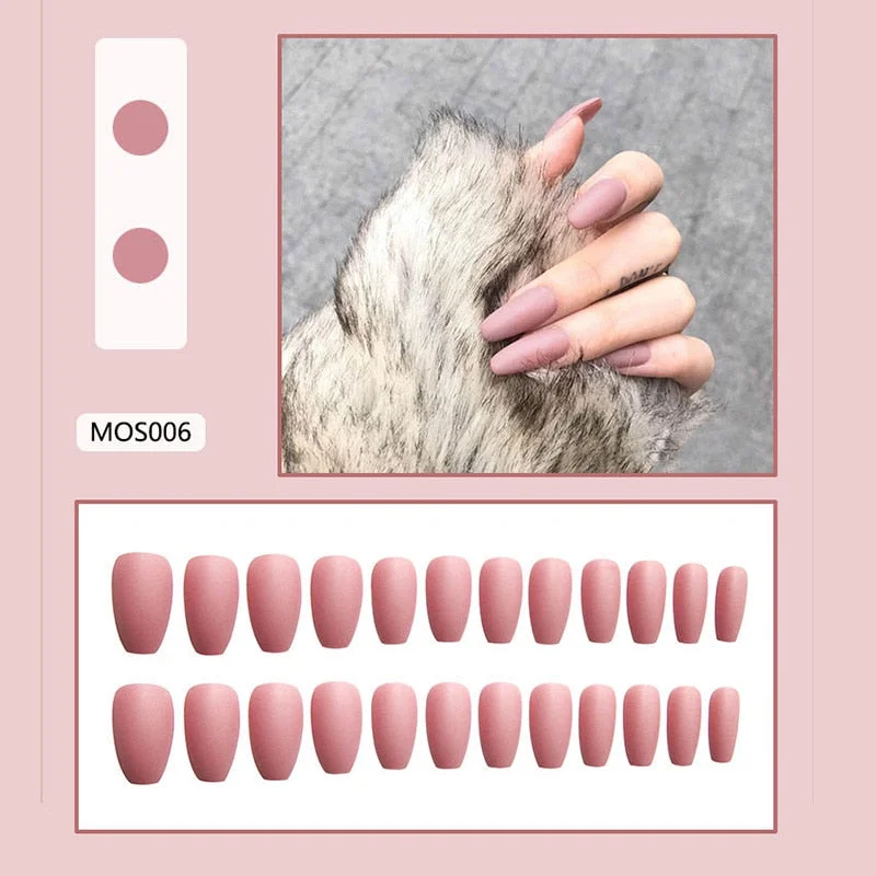 24Pcs Europe and the United State Beam ballerina fake press on nails Long Round Head Khaki matt fake nails with glue for girls-Nail Inspo