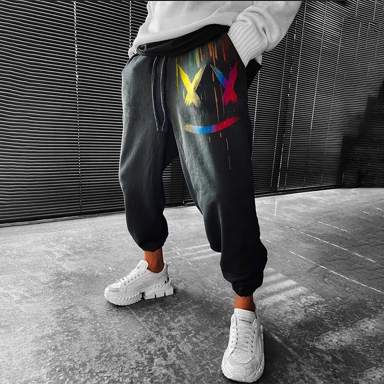 BrosWear Men's Retro Smiley Print Casual Sweatpants