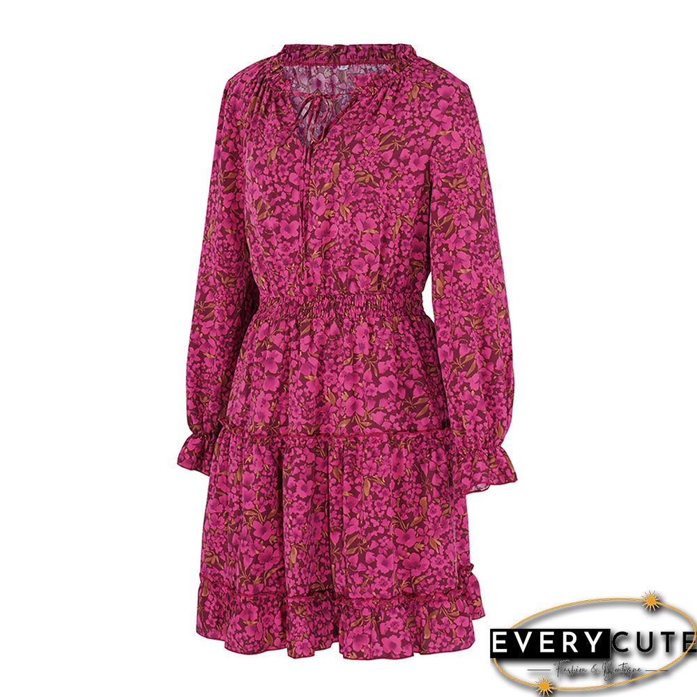 Rosy Elastic Waist Lace-up Floral Dress