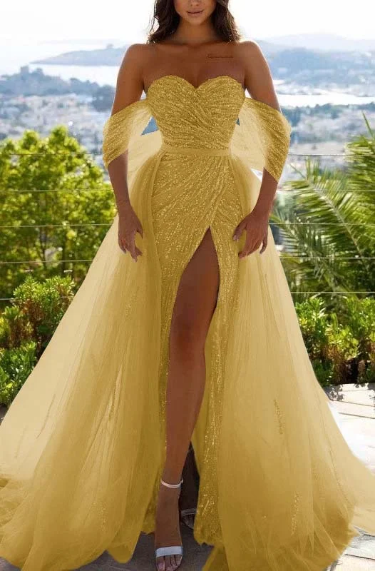 Off-the-Shoulder Sky Blue Prom Dress Sequins With Slit PD0576