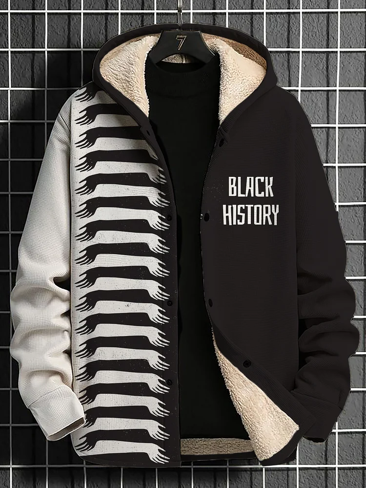Men's Black History Contrast Color Arm Print Print Hooded Zip Up Jacket
