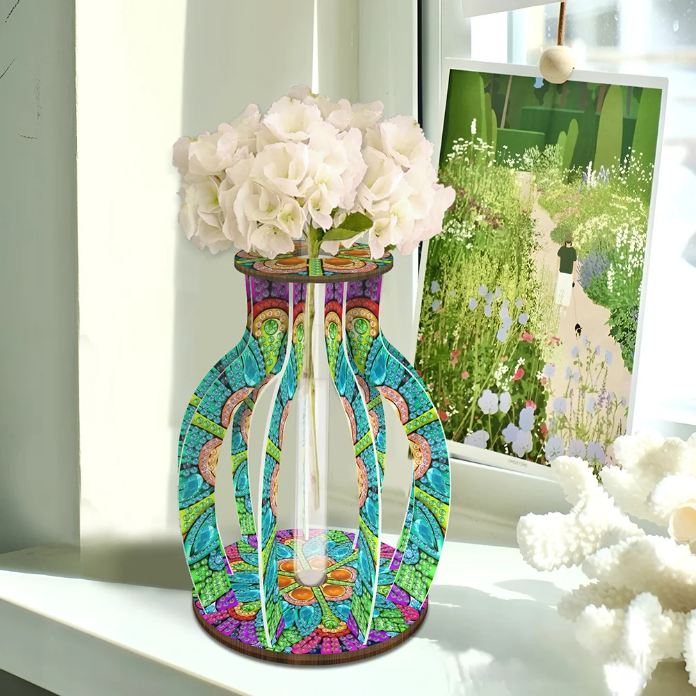 DIY Wood Mandala Diamond Painting Flower Vase Ornaments for Home Office Decor