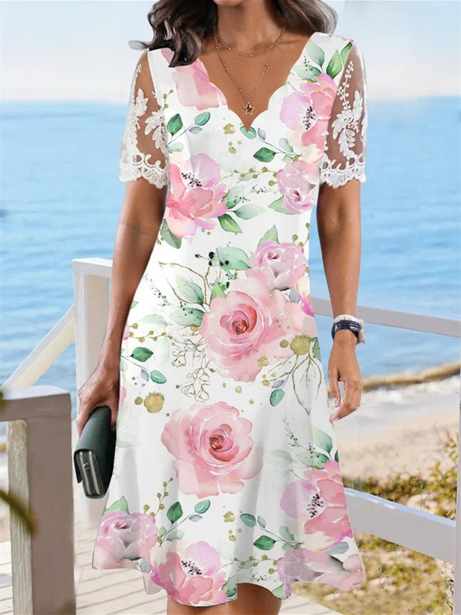 Women's Floral Printed Lace Short Sleeve V-neck Midi Dress