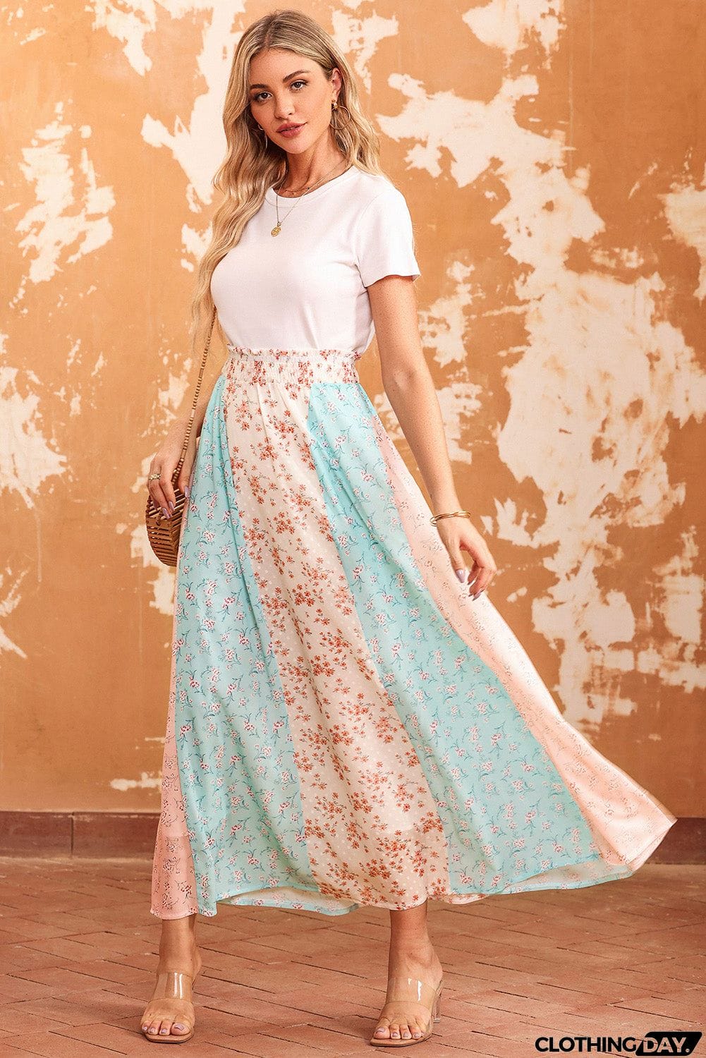 Floral Color Block Smocked Waist Maxi Skirt