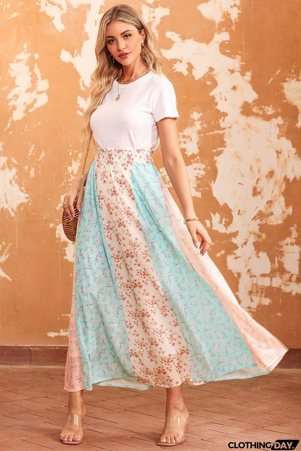 Floral Color Block Smocked Waist Maxi Skirt