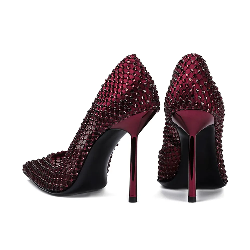 Women's Maroon Mesh & Satin Pointed Toe Rhinestone Pumps Heels