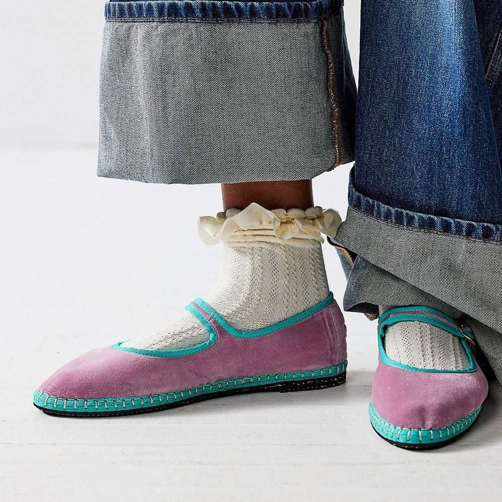 Pink & Turquoise Velvet Round Toe Flat Buckle Mary Jane Shoes Nicepairs
