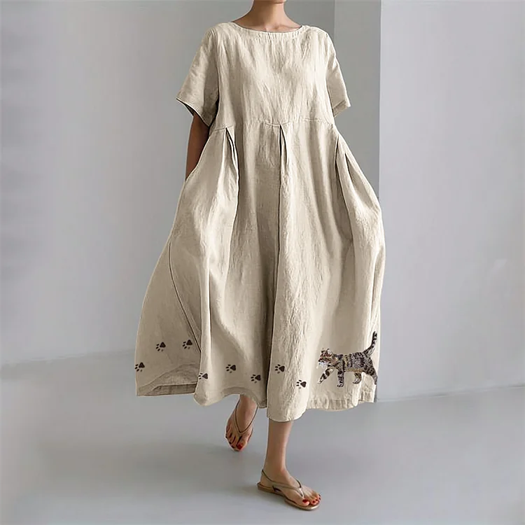 Cat & Paw Prints Embroidered Pleated Linen Blend Maxi Dress