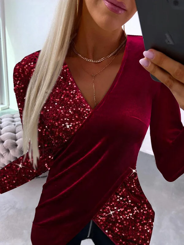 Long Sleeves Skinny Sequined Shiny Split-Joint Deep V-Neck T-Shirts Tops