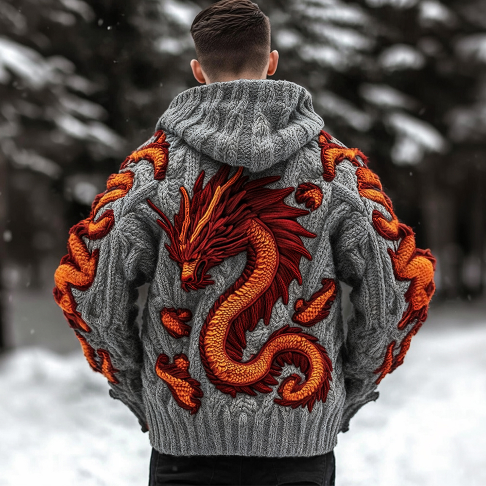 Men's Viking Dragon Celtic Thick Knit Zip-up Hooded Sweater  artssus