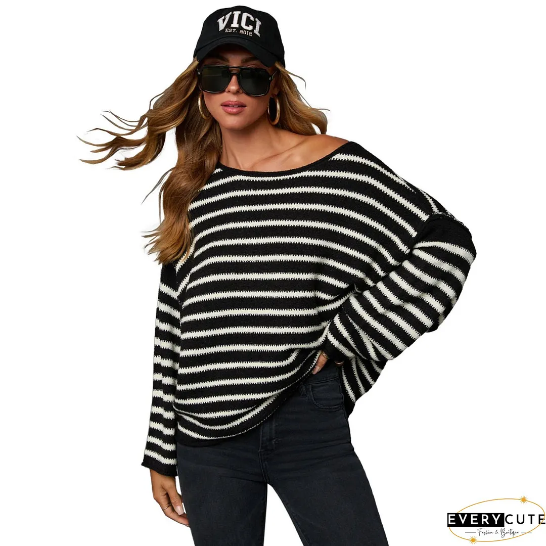 Women's Striped Knitted Loose Shoulder Batwing Long Sweaters
