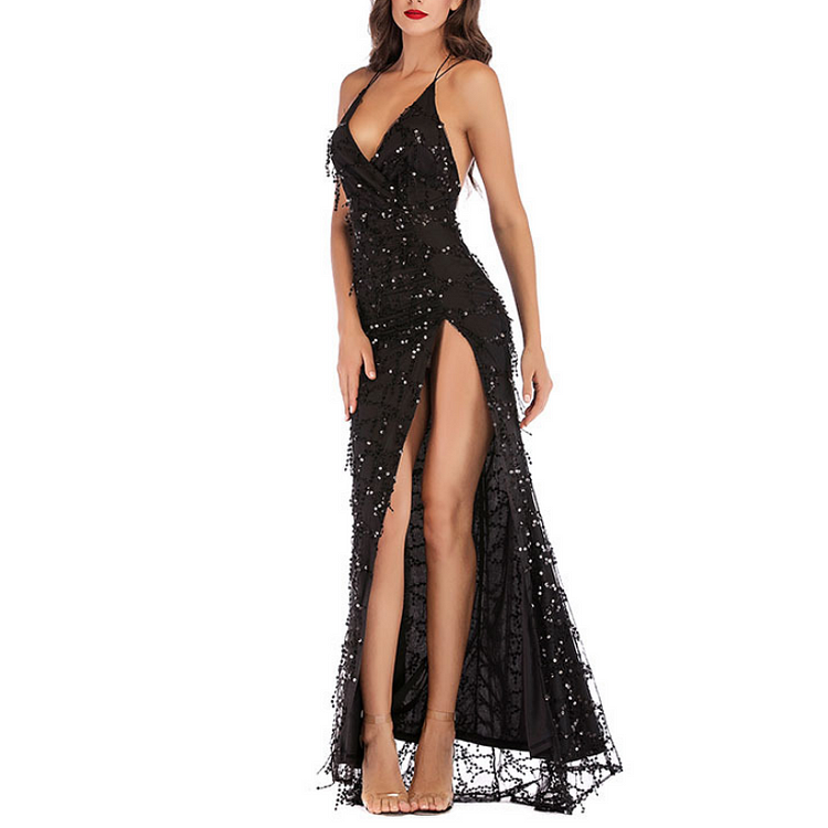 Sequined Tassel High Fork Slip Dress