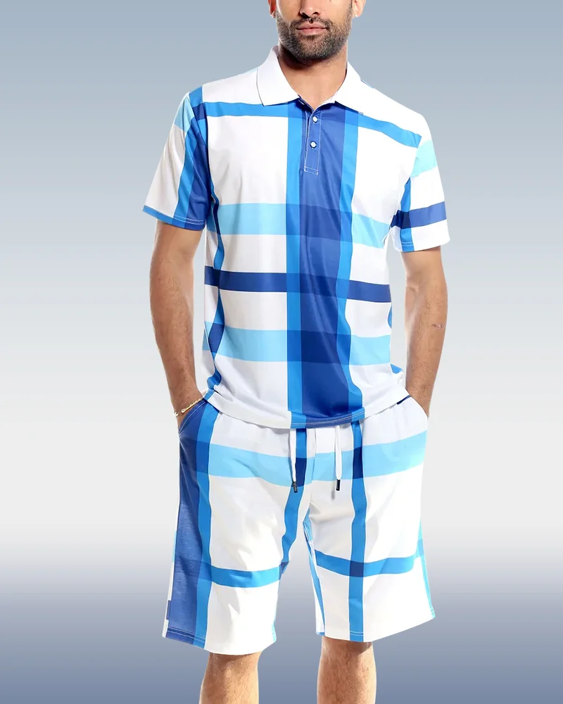 Men's Lake blue Polo Shirt 2 Piece Shorts Set