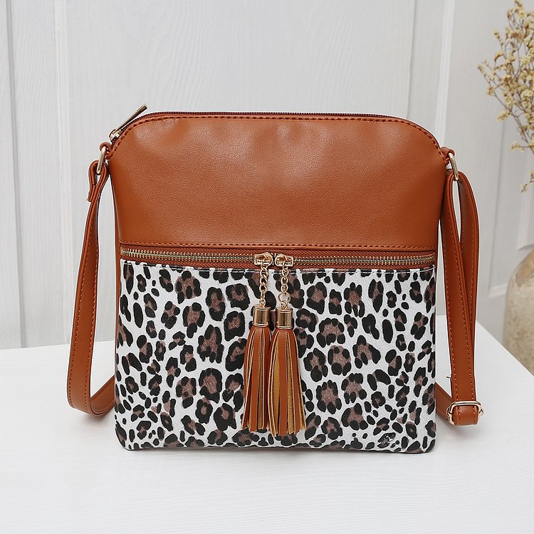 Women's hit color leopard print tassel bag shoulder messenger bag