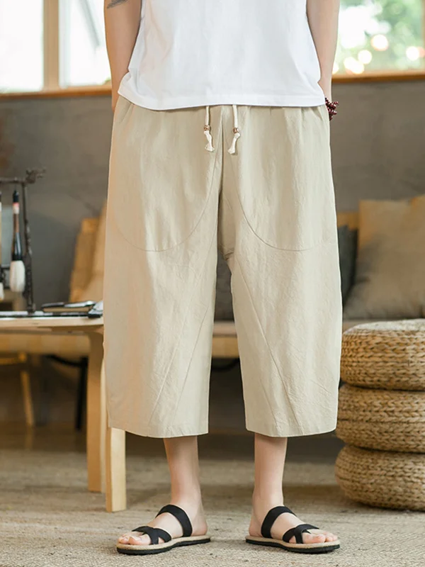 Men's Casual Linen Loose Fit Elastic Waist Wide Leg Harem Capri Pants