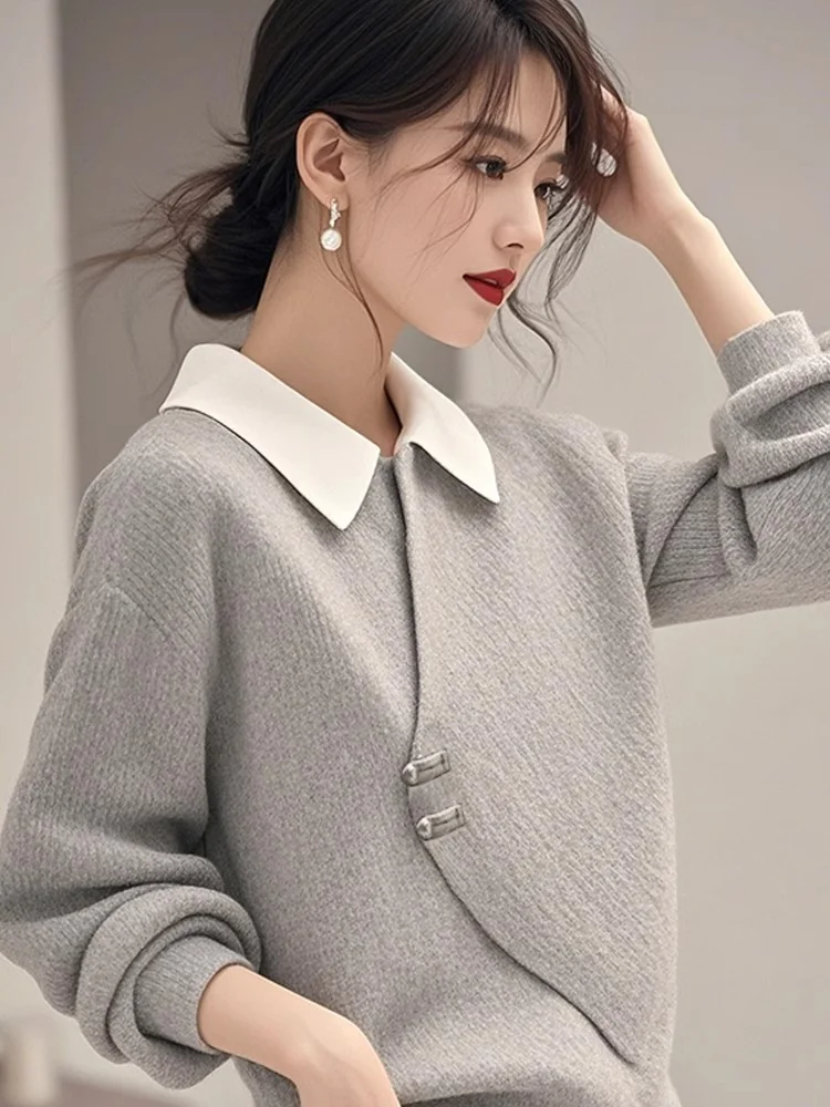 Athvotar Athvotar Gray Fake Two Knitted Sweater Women's Autumn And Winter Korean Atmosphere Relaxed Leisure Polo Collar Top