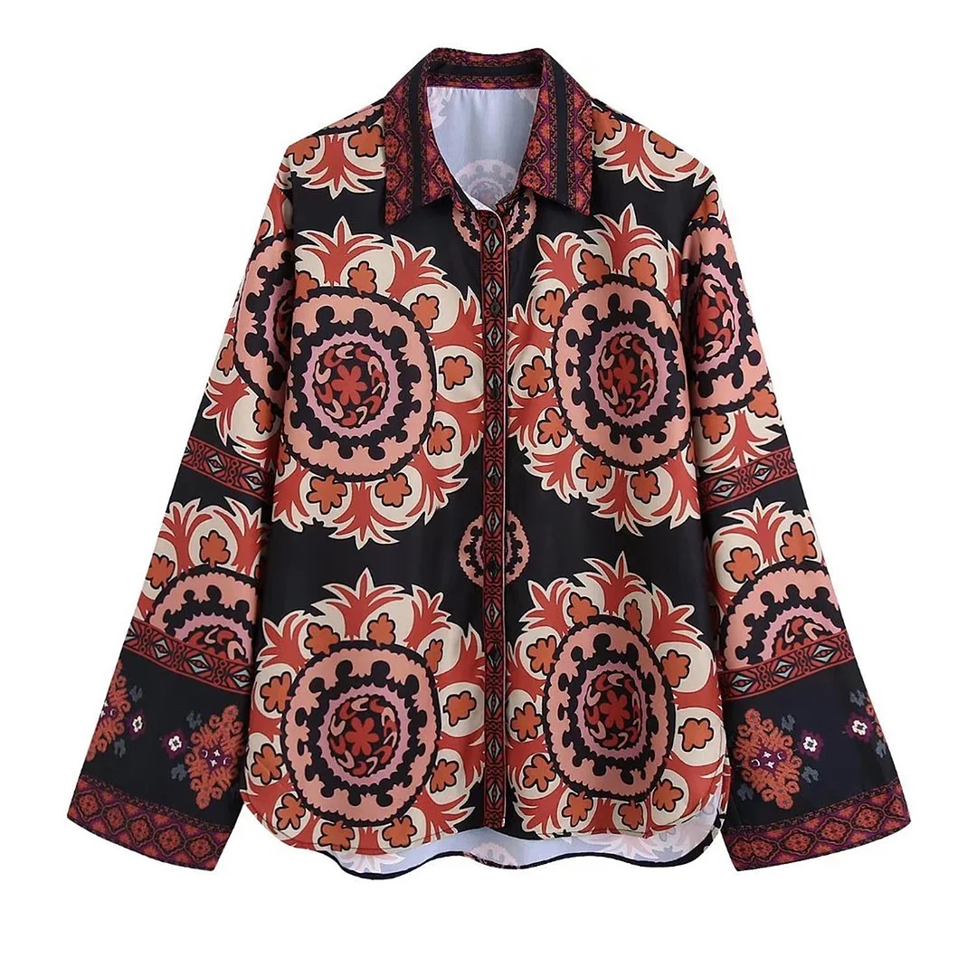 TFMLN 2022 Spring Summer Women Blouses Floral Printed Casual Single-Breasted Turn Down Collar Tops Long Sleeve Vintage Shirts
