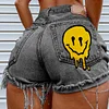 Women's Super High Waist Denim Ripped Shorts Smiley Face Print Sexy Hot Pants Shorts by Inlyline
