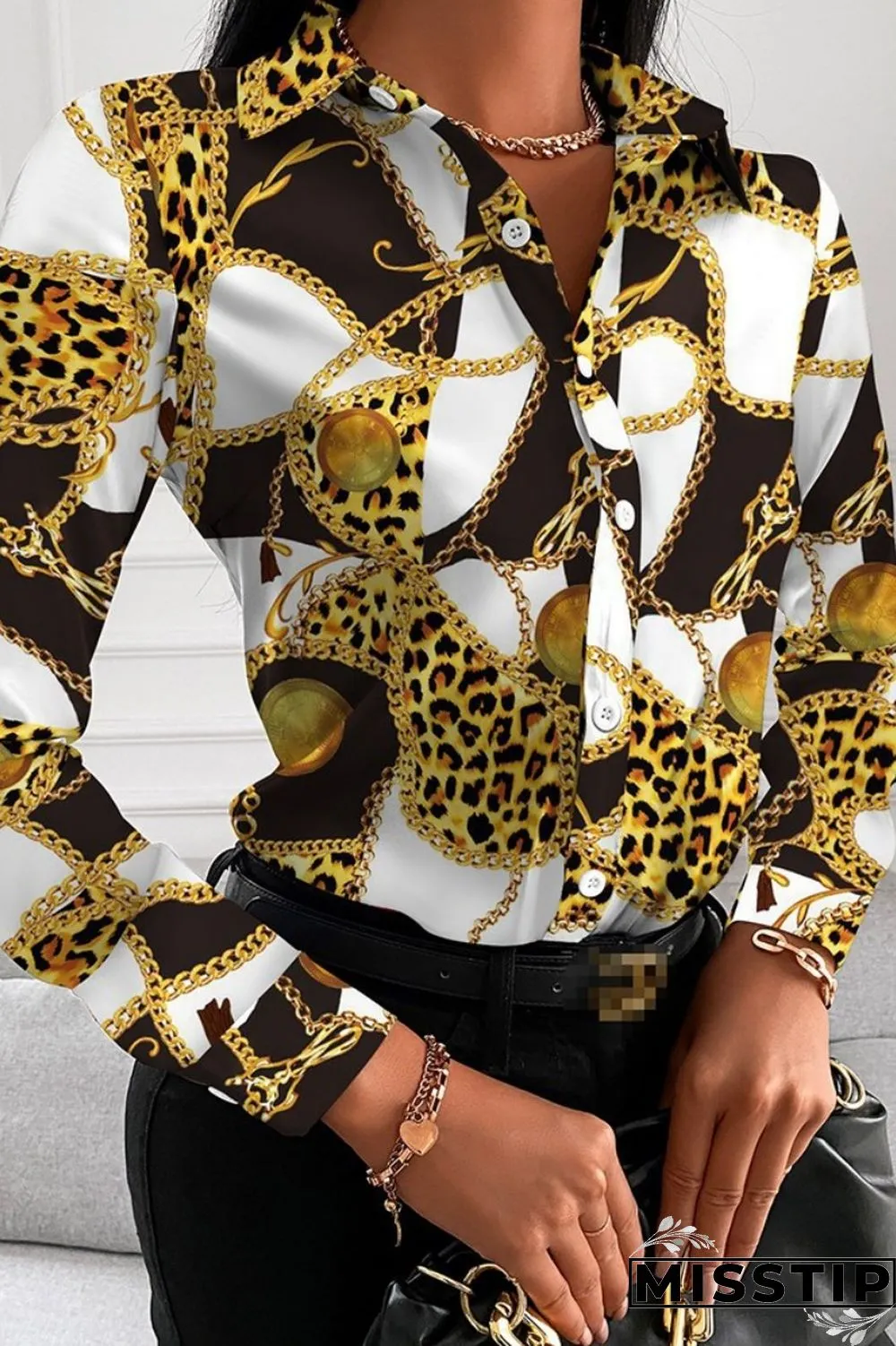 Black Red Casual Print Patchwork Shirt Collar Tops