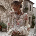 Women's Vintage Pink Flowers Art Cozy Knit Pullover Sweater - Image 2