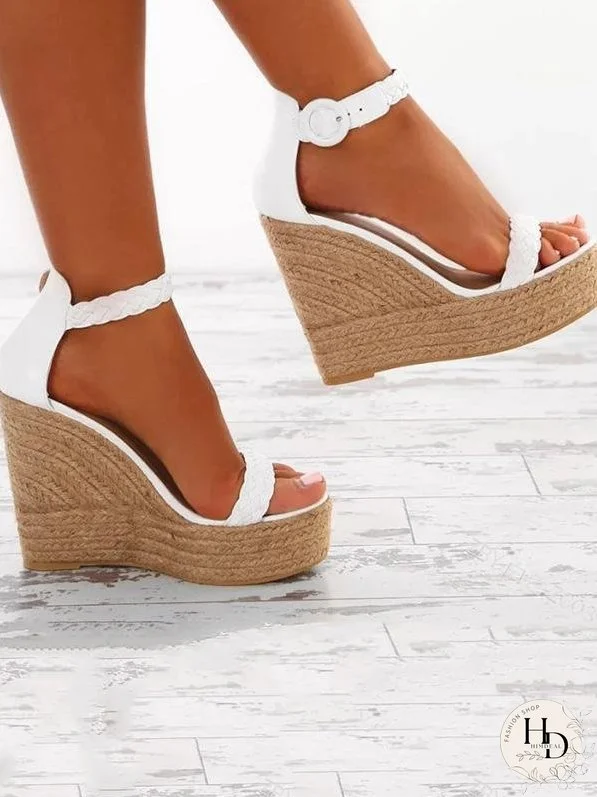 Fashion Wedge High-heel Solid Color Weaving Sandal Shoes
