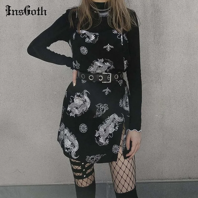 InsGoth Dragon Print Vintage Dress Gothic Harajuku Sexy Slim Tight Mini Women Dress Summer Streetwear Sleeveless Short Dress