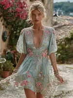 Women's Vintage Bohemian Floral Embroidered Casual Short Dress