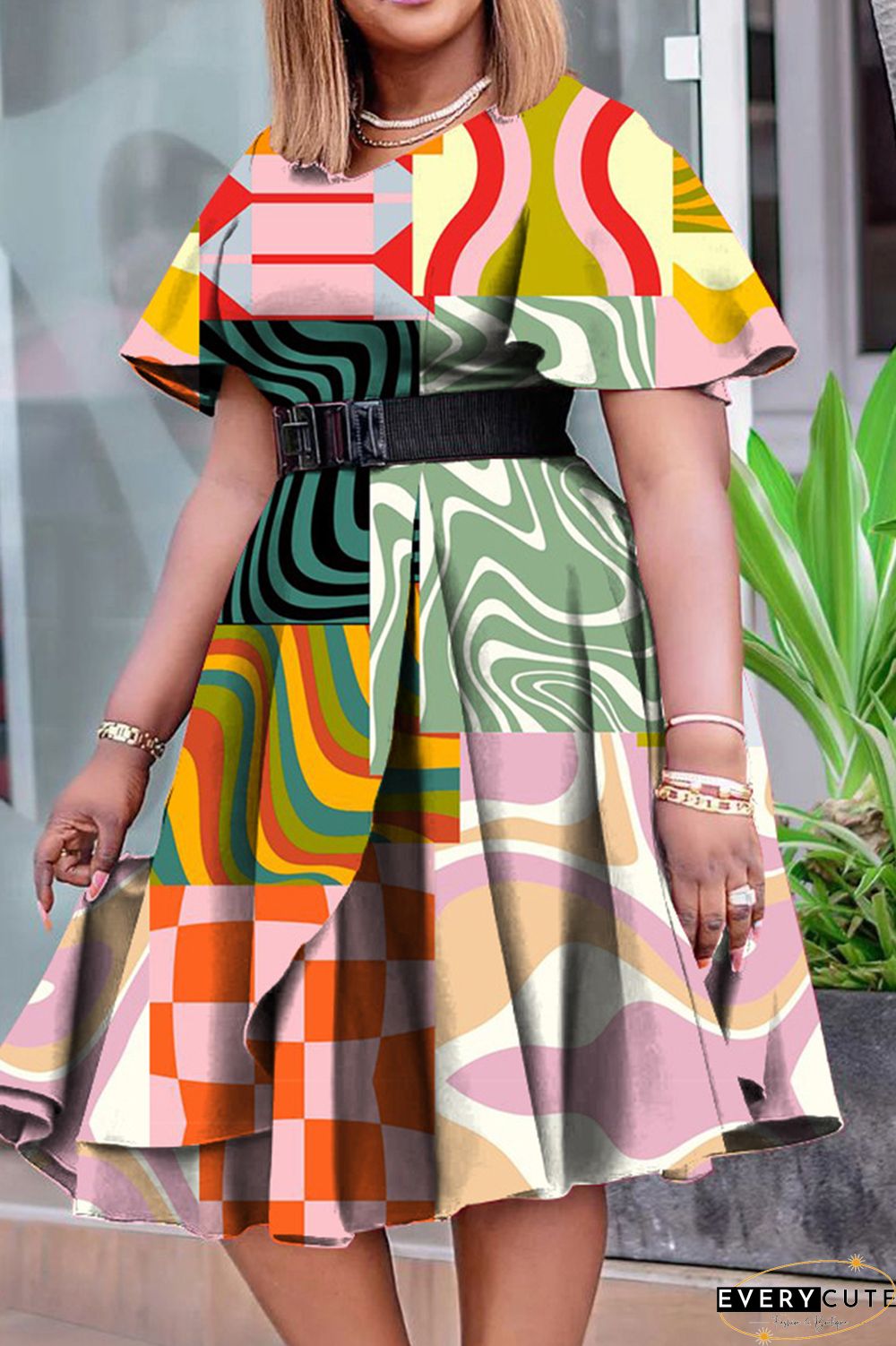 Sweet Print Patchwork O Neck A Line Plus Size Dresses(No Belt)