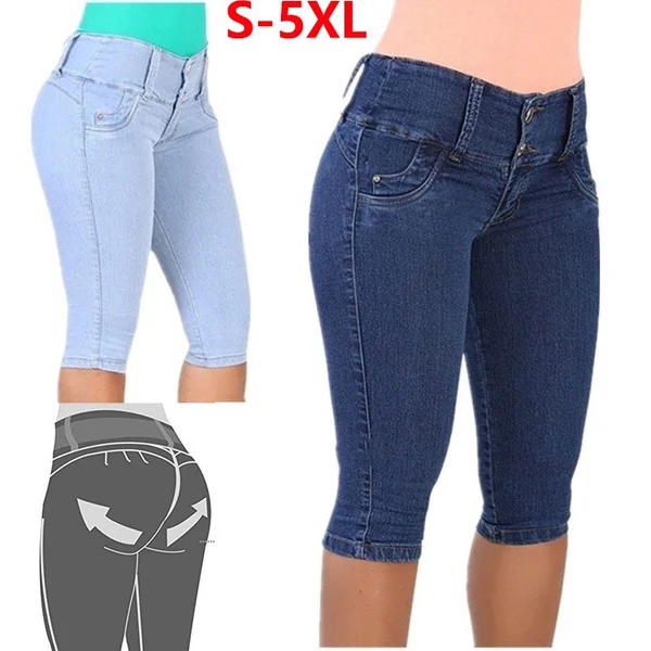 Women Fashion Denim Shorts Summer Slim High Waist Jeans Knee Length Pants Plus Size S-5XL