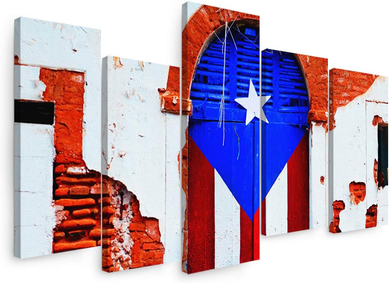 Sunteeny Canvas Wall Art 5 Piece Set for Living Room, Puerto Rico Flag Dilapidated Wall Picture Wall Decor Canvas Print Painting for Bathroom, Bedroom, Dining Room, Office, 12&#034;x24&#034;x4pcs, 12&#034;x32&#034;x1pc