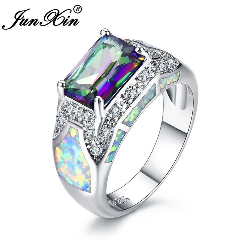 2019 New Male Female Blue White Fire Opal Ring Silver Color Purple Rainbow Stone Engagement Ring Men Women Wedding Rings